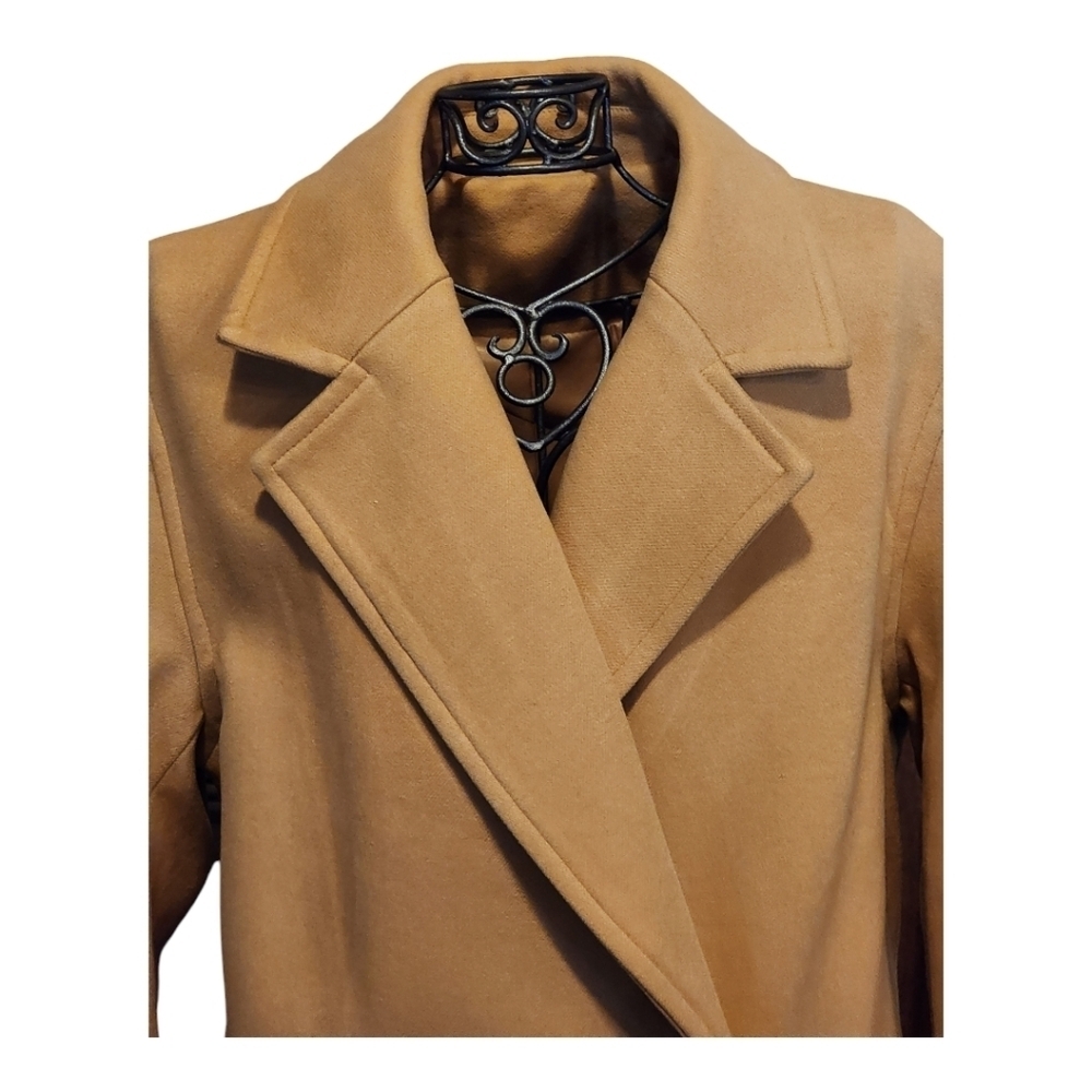 On Trend Camel Double-Breasted Long Coat Small Notch Lapel Fully Lined Classic - Picture 6 of 9